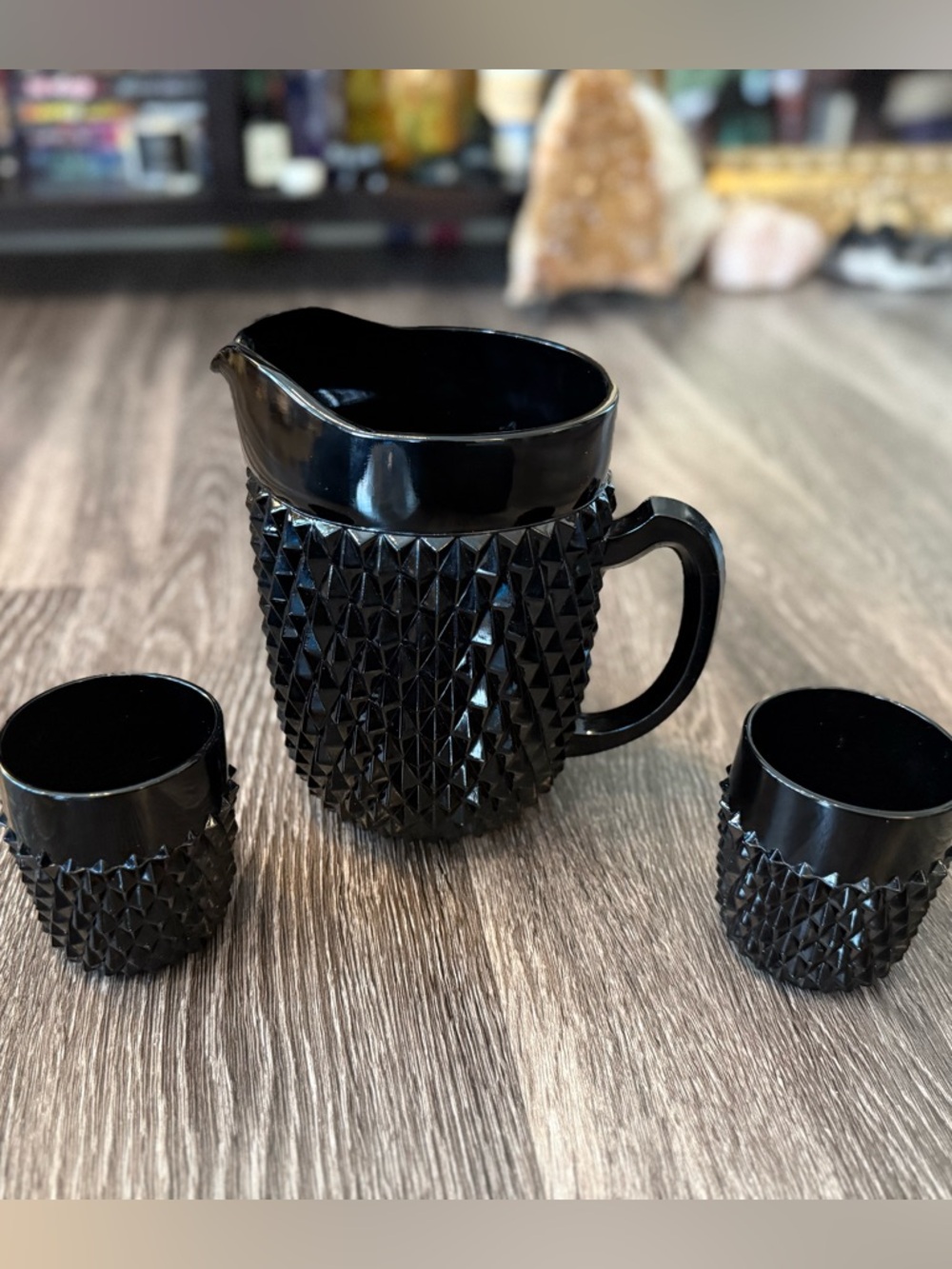black Tiara Indiana glass hobnail diamond glass set